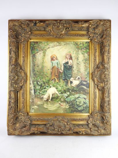 null 20th century FRENCH SCHOOL : Young shepherdesses. Reproduction (?). Not signed....