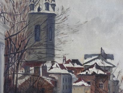 null J. DESCARTE: Snowy street. Oil on canvas, signed lower right. Dated 1916. Dim....