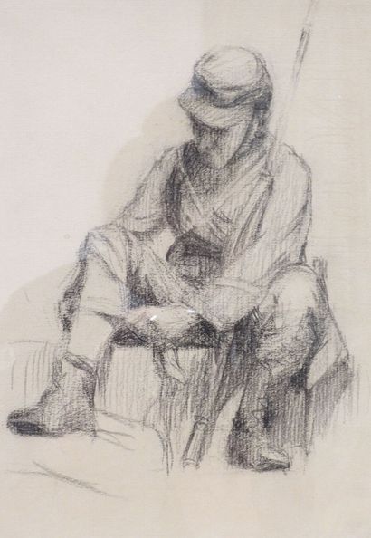 null FRENCH SCHOOL OF THE EARLY XXth CENTURY: Infantryman putting on his shoes. Charcoal...