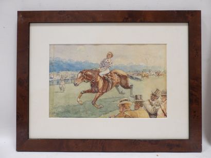 null A. de Bray: The Jockey mishandled. Watercolor on paper. Dim. 19 x 29 (at sight)....