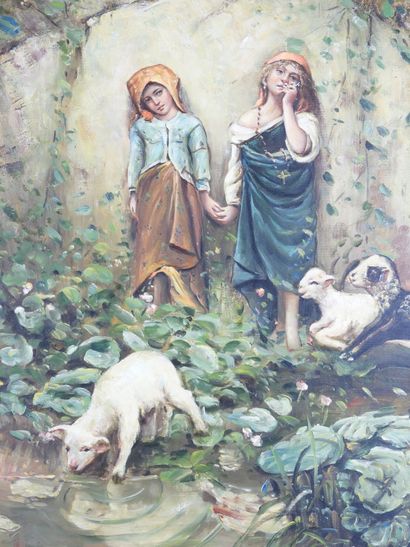 null 20th century FRENCH SCHOOL : Young shepherdesses. Reproduction (?). Not signed....