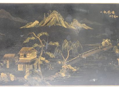 null CHINA. Black and gold lacquer panel decorated with a village with characters...
