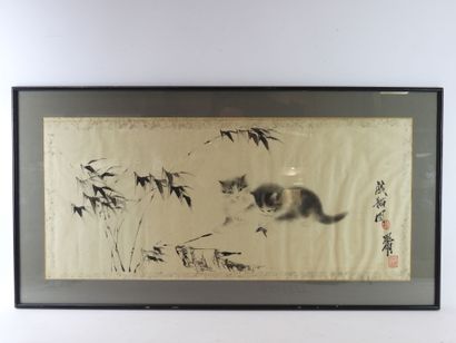 null XXth century CHINESE SCHOOL: Kittens and bamboos. Ink on paper. Signed on the...