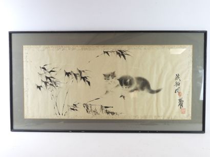 null XXth century CHINESE SCHOOL: Kittens and bamboos. Ink on paper. Signed on the...