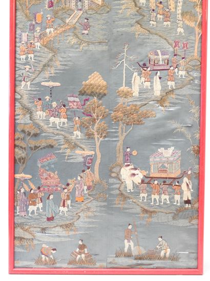 null CHINA. Fabric panel embroidered with a village scene with characters. 109 cm...