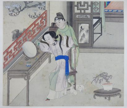 null CHINA: Painting on rice paper representing a woman doing her hair. 28.5 x 32.5...
