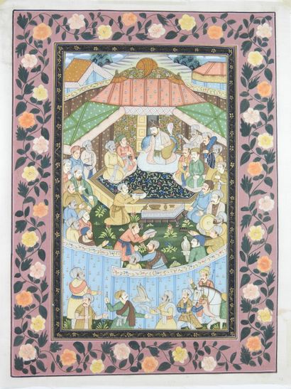 null INDIA - 20th century. Large animated scene of characters. Painting on fabric....