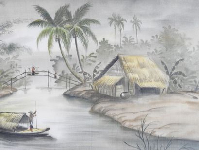 null VIETNAM - XXth century. View of a village with boats and fisherman. Painting...
