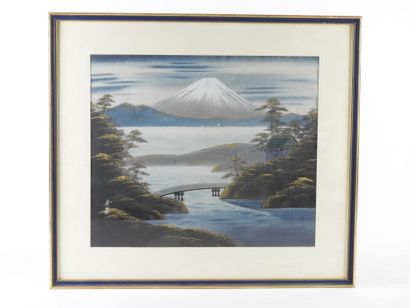 null JAPAN - 20th century. View of Mount Fuji. Painting on fabric. 33.5 x 39.5 c...