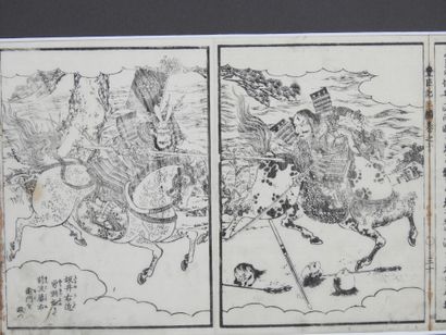 null JAPAN : three prints on paper representing calligraphies and warriors scene...