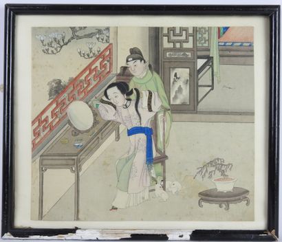 null CHINA: Painting on rice paper representing a woman doing her hair. 28.5 x 32.5...