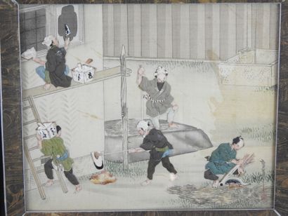 null CHINA - 1900. Suite of five framed with fabric characters in relief on a painted...