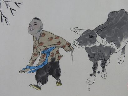 null Fan ZENG, after. Child and buffalo. Print in colors. 30.5 x 42.5 cm