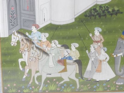 null INDIA - XXth century. The arrival of the Maharaja. Painting on fabric. 48 x...
