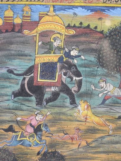 null INDIA - 19th century. Hunting scene. Painting on paper. 21.5 x 15.5 cm