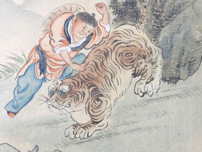 null CHINA: Fight against a tiger and rest. Pair of paintings on fabric. Signed in...