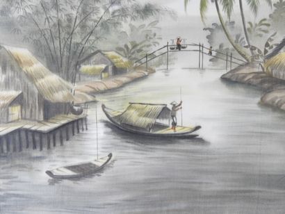 null VIETNAM - XXth century. View of a village with boats and fisherman. Painting...