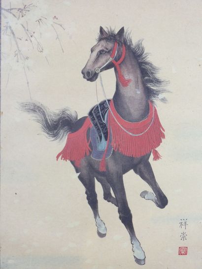 null After two Chinese works: Horse and landscape. Offset printing on fabric. 41...