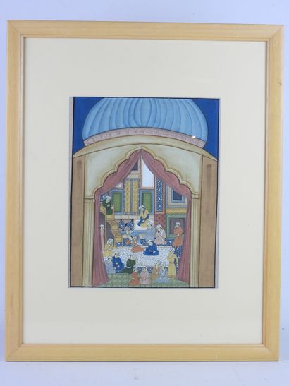 null INDIA - 20th century. Palace scene with characters. Painting on fabric. 30 x...