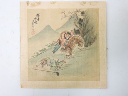 null CHINA: Fight against a tiger and rest. Pair of paintings on fabric. Signed in...