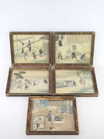 null CHINA - 1900. Suite of five framed with fabric characters in relief on a painted...