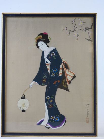 null JAPAN - 20th century. Courtesan. Painting on fabric. 41.5 x 32 cm