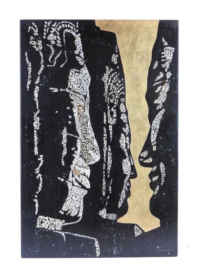 null VIETNAM - 20th century. Lacquer panel with eggshell and gold leaf inlays. Signed...