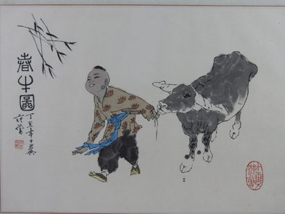 null Fan ZENG, after. Child and buffalo. Print in colors. 30.5 x 42.5 cm