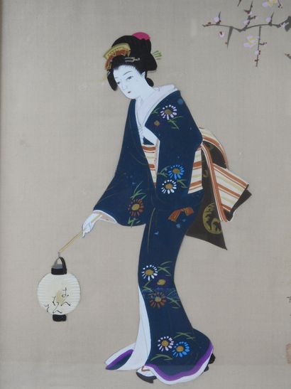 null JAPAN - 20th century. Courtesan. Painting on fabric. 41.5 x 32 cm