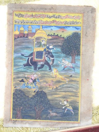 null INDIA - 19th century. Hunting scene. Painting on paper. 21.5 x 15.5 cm