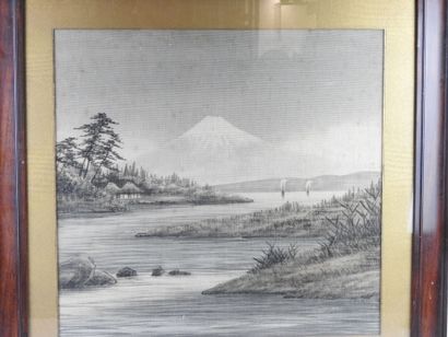 null JAPAN - 1900. Mount Fuji. Painting on fabric. 50 x 52 cm. Fading and small acc....
