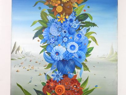 null Georges SPIRO (1909-1994) : Surrealist landscape with floral composition. Canvas....