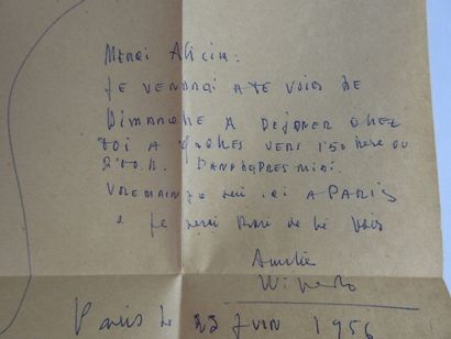 null Lettre manuscrite signée Wifredo LAM adresée à Alicia, Paris, juin 1956 agrémenté...