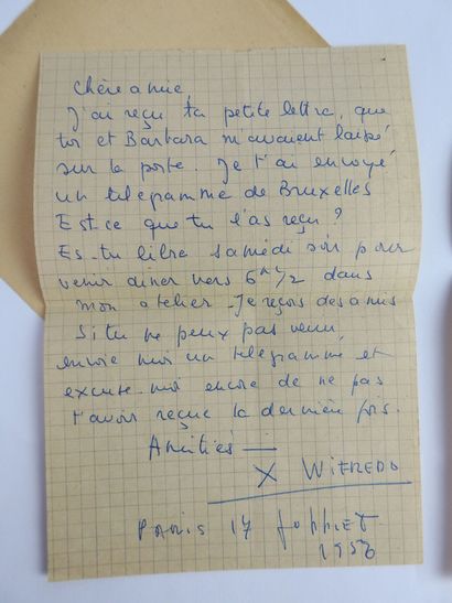 null Handwritten letter signed Wifredo LAM addressed to Alix, Paris, July 23 embellished...