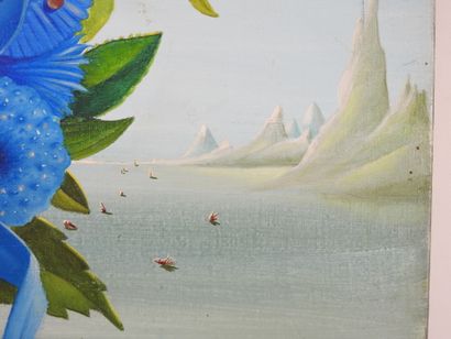 null Georges SPIRO (1909-1994) : Paysage surréaliste à la composition florale. Toile....