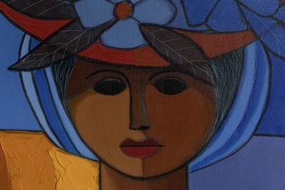null Candido BIDO (1936-2011): Muchacha con sombrero de flores. Huile sur toile....