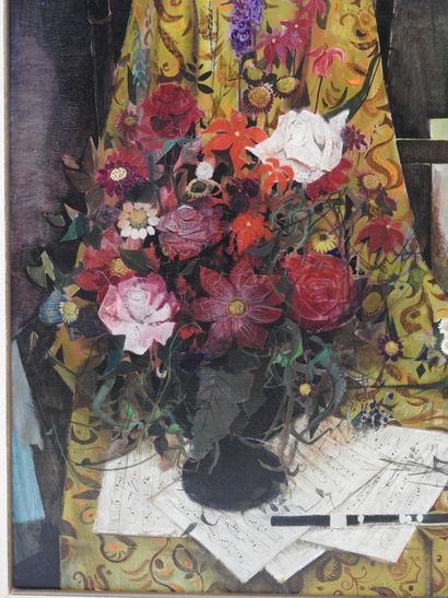  Robert VERNET-BONFORT (1934) : Nature morte aux bouquets. Huile sur toile signée...