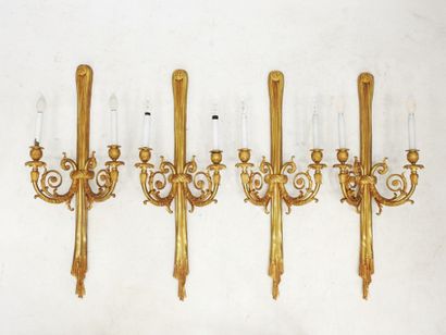 null Suite of FOUR Louis XVI style gilt bronze wall lights with two lights and drapery...