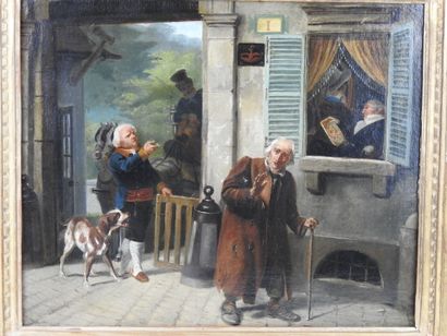 null Xavier LEPRINCE (1799-1826) attribué à : Le mendiant chassé par un valet. Huile...