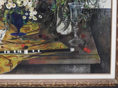  Robert VERNET-BONFORT (1934) : Nature morte aux bouquets. Huile sur toile signée...