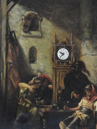 null 
CLOCK TABLE representing a tavern scene. Oil on canvas with a trace of signature...