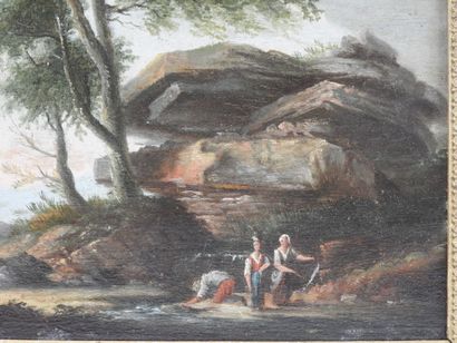 null Ecole FRANCAISE du début du XIXème siècle : Lavandières au bord d'un ruisseau...