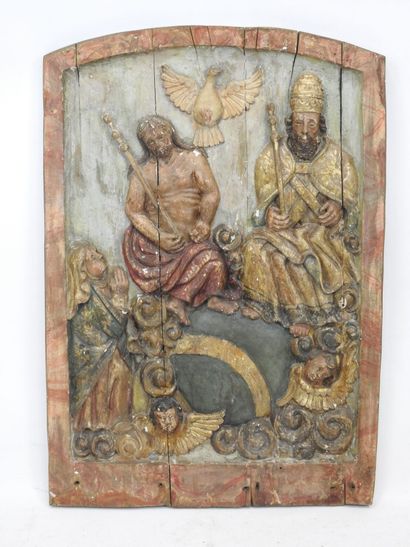 null Important wooden PANEL carved in high relief, polychrome and gilded, element...
