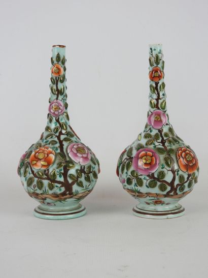 null BAYEUX: Pair of earthenware soliflore vases with relief decoration of parrot...
