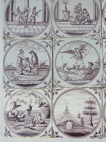 null DELFT : set of twelve square earthenware tiles decorated in manganese with characters...