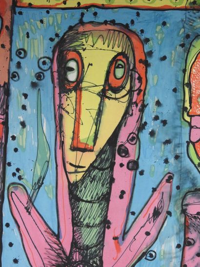 null 
Mario MURUA (Chili - France, né en 1952) : Deux personnages. Peinture sur tissu....