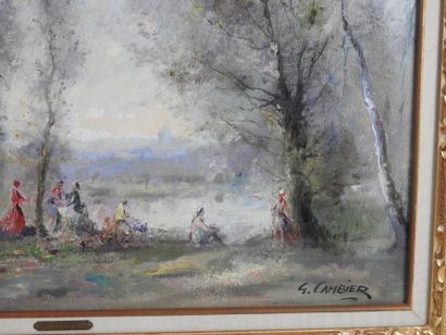 null Guy CAMBIER (1923-2008) : Elegants au bord de l'étang. Huile sur toile signée...