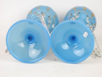 null Pair of blue and gold opaline glass ANAS HOLDER cups, the crenellated cup decorated...