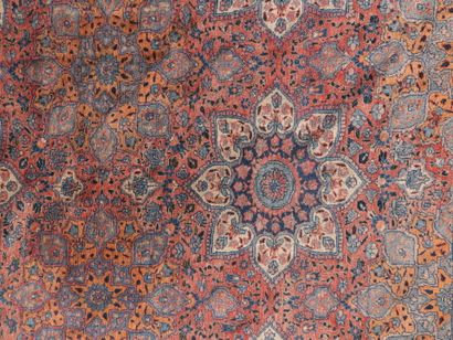 null IRAN : Tapis en laine à décor de neuf motifs floraux sur fond rouge, les bordures...