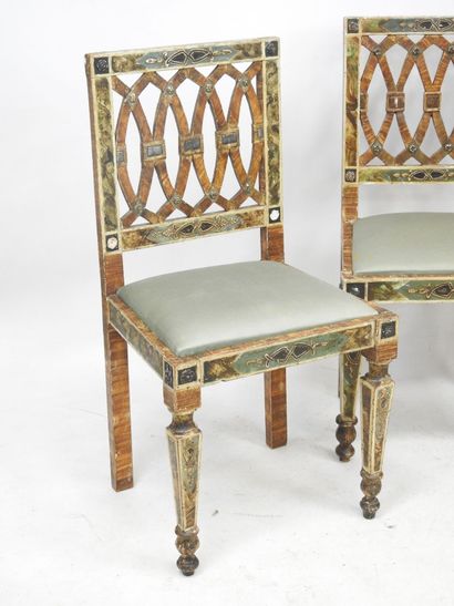 null Rare suite of FOUR CHAIRS with frame, with polychrome painted decoration in...